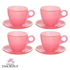 Conjunto Jogo 4 Xícaras de chá 170ml com a borda dourada de Cristal Premium Rosa.