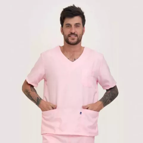 Camisa Hospitalar Básica Masculina - Rosa Bebê