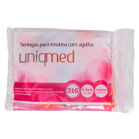 SERINGA P/ INSULINA 0,3 ML COM AGULHA - 6mm x 0,25mm - 31G - PCT 10 UND. - comprar online