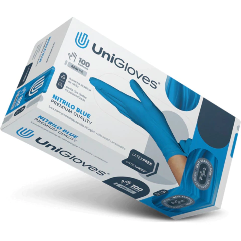 LUVA NITRILICA BLUE SEM PÓ PREMIUM QUALITY - CX 100 UND - UNIGLOVES - comprar online