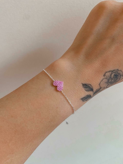 Pulseira de prata coração rosa
