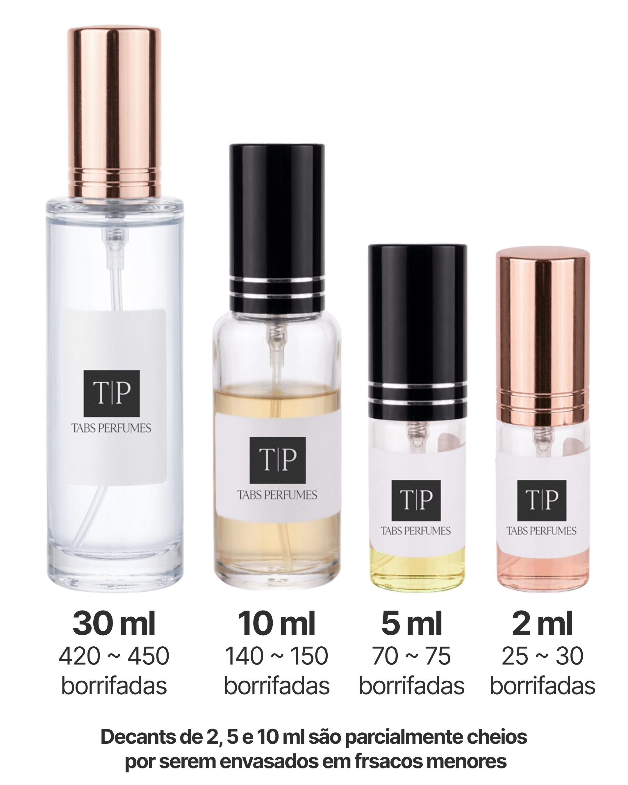 Frascos de decant da Tabs Perfumes em diferentes tamanhos