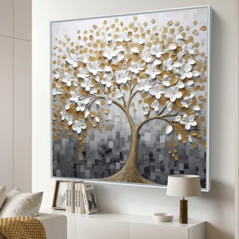 Quadro Pintura De Uma Árvore Abstrata Branca e Dourada