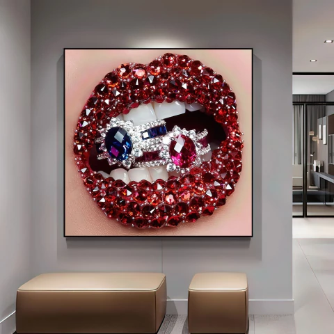 Quadro Lábios de Cristais Vermelhos e Anéis - comprar online