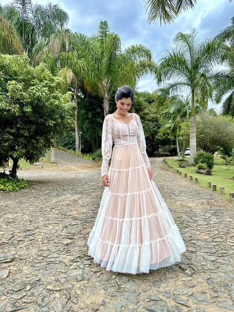 VESTIDO LONGO RENDA FORRO NUDE