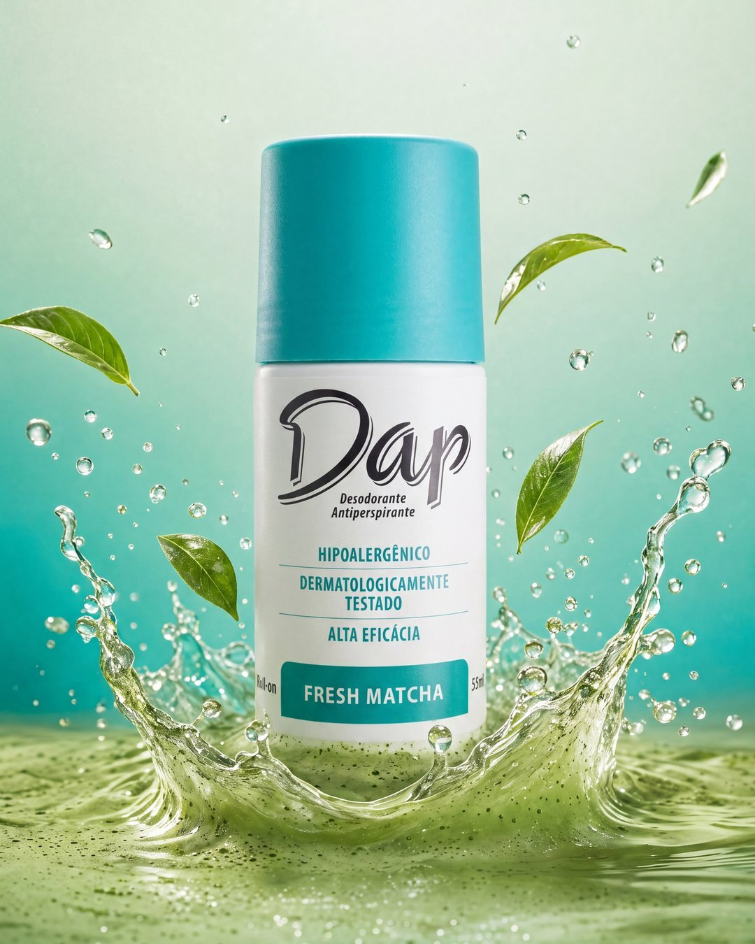 Dap Fresh Matcha com respingos de água e folhas de chá