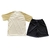 Conjunto infantil de futebol Vasco da Gama III, composto por camisa bege com detalhes em dourado e short preto.