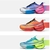 Três modelos de tênis de corrida casuais esportivos, destacando cores vibrantes como azul, laranja e verde.