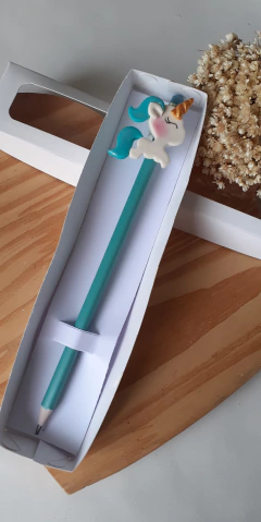 Lápis com aplique em Biscuit Unicórnio Verde