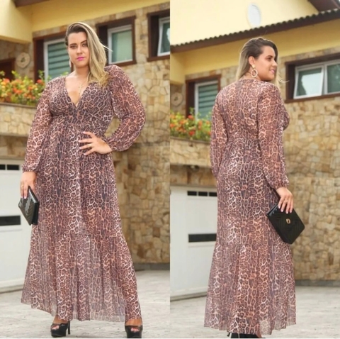 Vestido Manga Longa Samanta Plus Size Estampado Florido Onça Manga Longa - comprar online