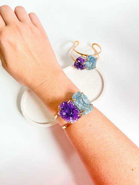 BRACELETE LUXO DUPLO DRUSA DE AMETISTA E ÁGUA MARINHA
