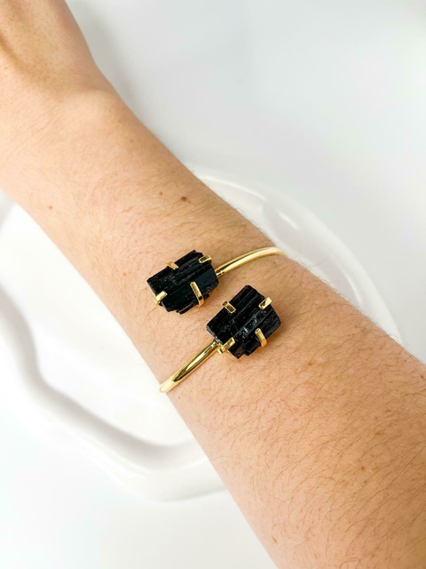 BRACELETE BANHADO A OURO DUO TURMALINA NEGRA