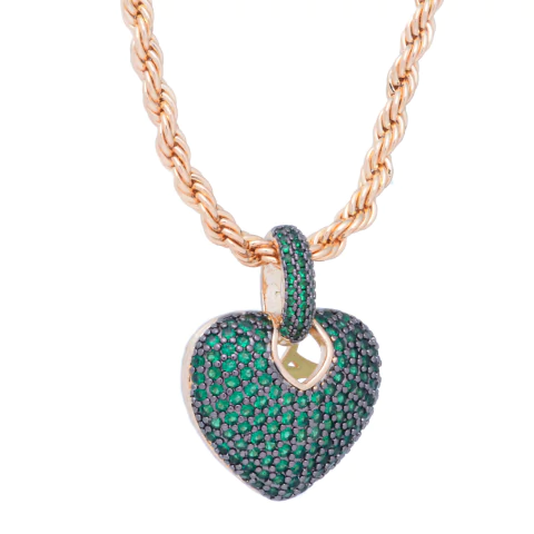 Colar Semijoia Cordão Baiano Coração Zircônias Verde Esmeralda Dourado - comprar online