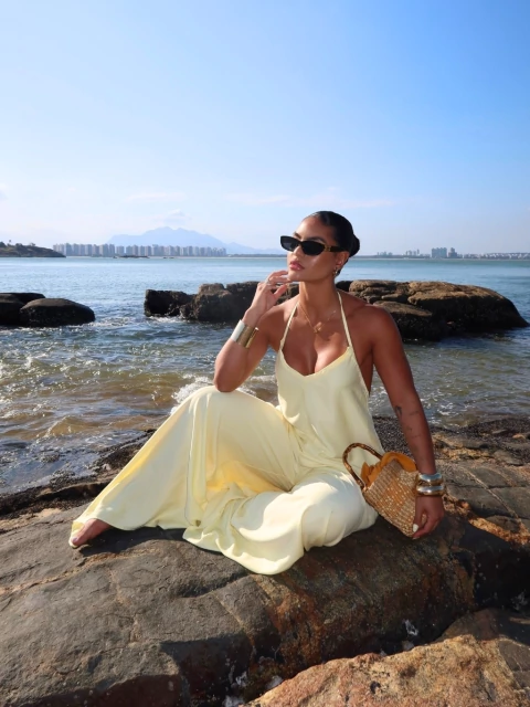 Macacão Pantalona Bianka Amarelo Manteiga - comprar online