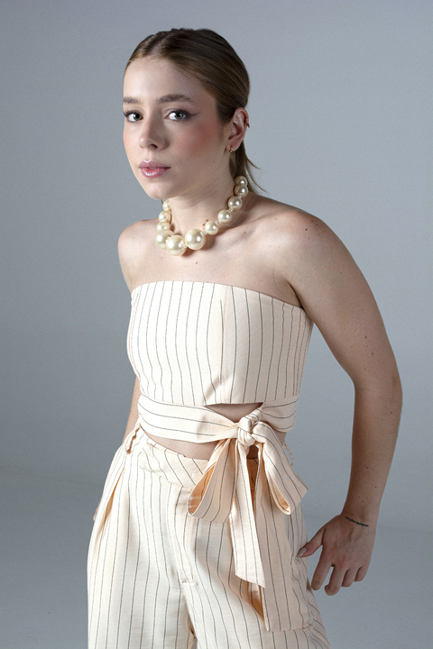 Top Alfaiataria Risca de Giz Bege