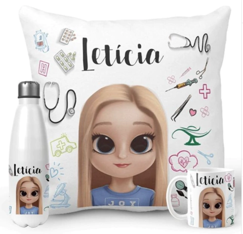 Kit Premium Retrato e Nome - Garrafa Térmica 500ml - Caneca - Almofada