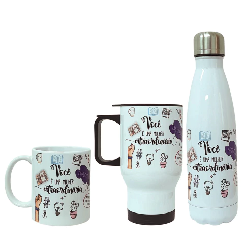 Kit Personalizado Caneca, Garrafa e Copo Térmico – Tema Mulher Extraordinária - comprar online