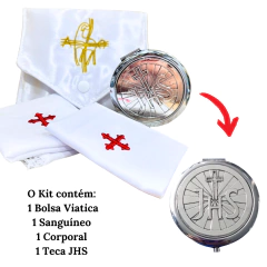 Kit Bolsa Viático Cordeiro com Sanguíneo e Corporal +Teca Porta Hóstia JHS Prata