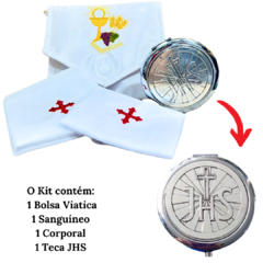 Kit Bolsa Viático com Sanguíneo e Corporal modelo Pão e Uva +Teca Porta Hóstia JHS Prata