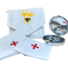 Imagem do Kit Bolsa Viático com Sanguíneo e Corporal modelo Pão e Uva +Teca Porta Hóstia JHS Prata