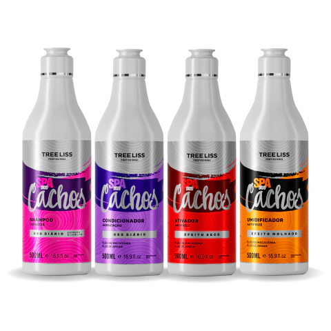 kit com condionador shampoo ativador de cachos e finalizar com efeito molhado treeliss spa dos cachos para cabelos cacheados ondulados e crespos melhor tratamento para cachos especialista em cachos