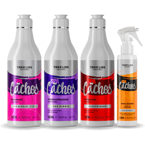 kit completo shampoo condicionador ativador e finalizador de cachos especialista em cabelos crespos cacheados ondulados produto profissional treeliss spa dos cachos