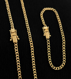 CORRENTE + PULSEIRA GRUMET (4mm) FECHO TRAVA DUPLA - Banhada a Ouro 18k