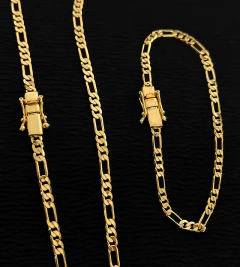 CORRENTE + PULSEIRA FIO 3 POR 1 4mm FECHO TRAVA DUPLA - Banhada a Ouro 18k