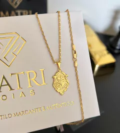 CORRENTE CADEADO (2mm) + PINGENTE MOLDURA SÃO JORGE - Banhado a Ouro 18k