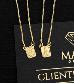 ESCAPULÁRIO PLAQUINHA MINI NOSSA SENHORA E SAGRADO CORAÇÃO - 70cm - Banhado a Ouro 18k