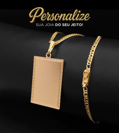 CORRENTE GRUMET DUPLA (3mm) FECHO GAVETA + PINGENTE PERSONALIZÁVEL PLACA DETALHADA 3,5x2,5cm- Banhado a Ouro 18k