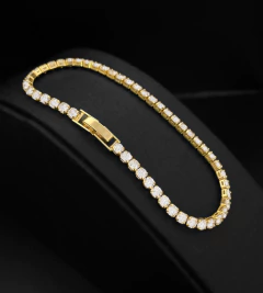 PULSEIRA RIVIERA CRAVEJADA EM ZIRCÔNIAS (3mm) - 20cm - Banhada a Ouro 18k