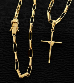 CORRENTE ELO VAZADO 4mm + PINGENTE CRUZ AMARRADA - 4x2cm - Banhado a Ouro 18k