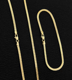 KIT CORRENTE + PULSEIRA GRUMET FLAT (3mm) FECHO TRADICIONAL - Banhado a Ouro 18k