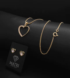 CONJUNTO FEMININO COMPLETO CORAÇÃO VAZADO - COLAR + PINGENTE + BRINCO - Banhado a Ouro 18k
