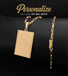 CORRENTE CADEADO LAMINADO (3mm) FECHO GAVETA + PINGENTE PERSONALIZÁVEL PLACA DETALHADA 3,5x2,5cm - Banhado a Ouro 18k