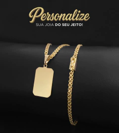 CORRENTE CADEADO DUPLO (3mm) + PINGENTE PERSONALIZÁVEL PLAQUINHA FACETADA (2,2x1,5cm) - Banhado a ouro 18k