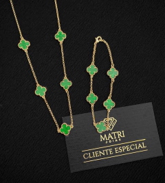 CORRENTE + PULSEIRA TREVO VERDE - 55cm - 21cm - Banhado a Ouro 18k