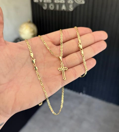 CORRENTE + PULSEIRA PIASTRINI (3mm) + PINGENTE CRUZ VAZADA - Banhado a Ouro 18k - comprar online