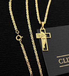 CORRENTE PIASTRINI (2mm) + PINGENTE CRUZ E CRISTO MINI - Banhado a Ouro 18k - comprar online