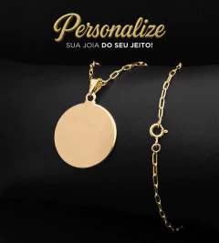 CORRENTE CADEADO LAMINADO (2mm) FECHO TRADICIONAL + PINGENTE PERSONALIZÁVEL REDONDO 2,5x2,5cm - Banhado a Ouro 18k
