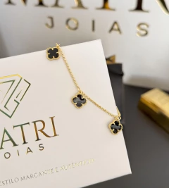 PULSEIRA TREVO BERLOQUE PRETO FECHO TRADICIONAL 21cm - Banhado a Ouro 18k