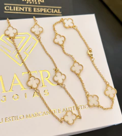 CORRENTE + PULSEIRA TREVO BRANCO - 55cm - 21cm - Banhado a Ouro 18k