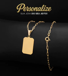 KIT CORRENTE CADEADO LAMINADO (2mm) + PINGENTE PERSONALIZÁVEL PLAQUINHA FACETADA (2,2x1,5cm) - Banhado a ouro 18k
