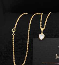 COLAR FEMININO CORDÃO BAIANO (2mm) + PINGENTE CORAÇÃO PONTO DE LUZ EM ZIRCÔNIA - Banhado a Ouro 18k