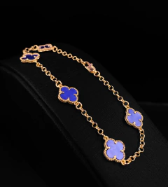 PULSEIRA TREVO AZUL - 21cm - FECHO TRADICIONAL - Banhado a Ouro 18k