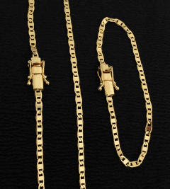 CORRENTE + PULSEIRA PIASTRINI (4mm) FECHO TRAVA DUPLA - Banhada a Ouro 18k