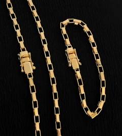 CORRENTE + PULSEIRA ELO VAZADO (4mm) FECHO TRAVA DUPLA - Banhada a Ouro 18k