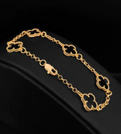 PULSEIRA TREVO PRETO FECHO TRADICIONAL - Banhado a Ouro 18k