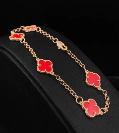 PULSEIRA TREVO VERMELHO- 21cm - FECHO TRADICIONAL - Banhado a Ouro 18k
